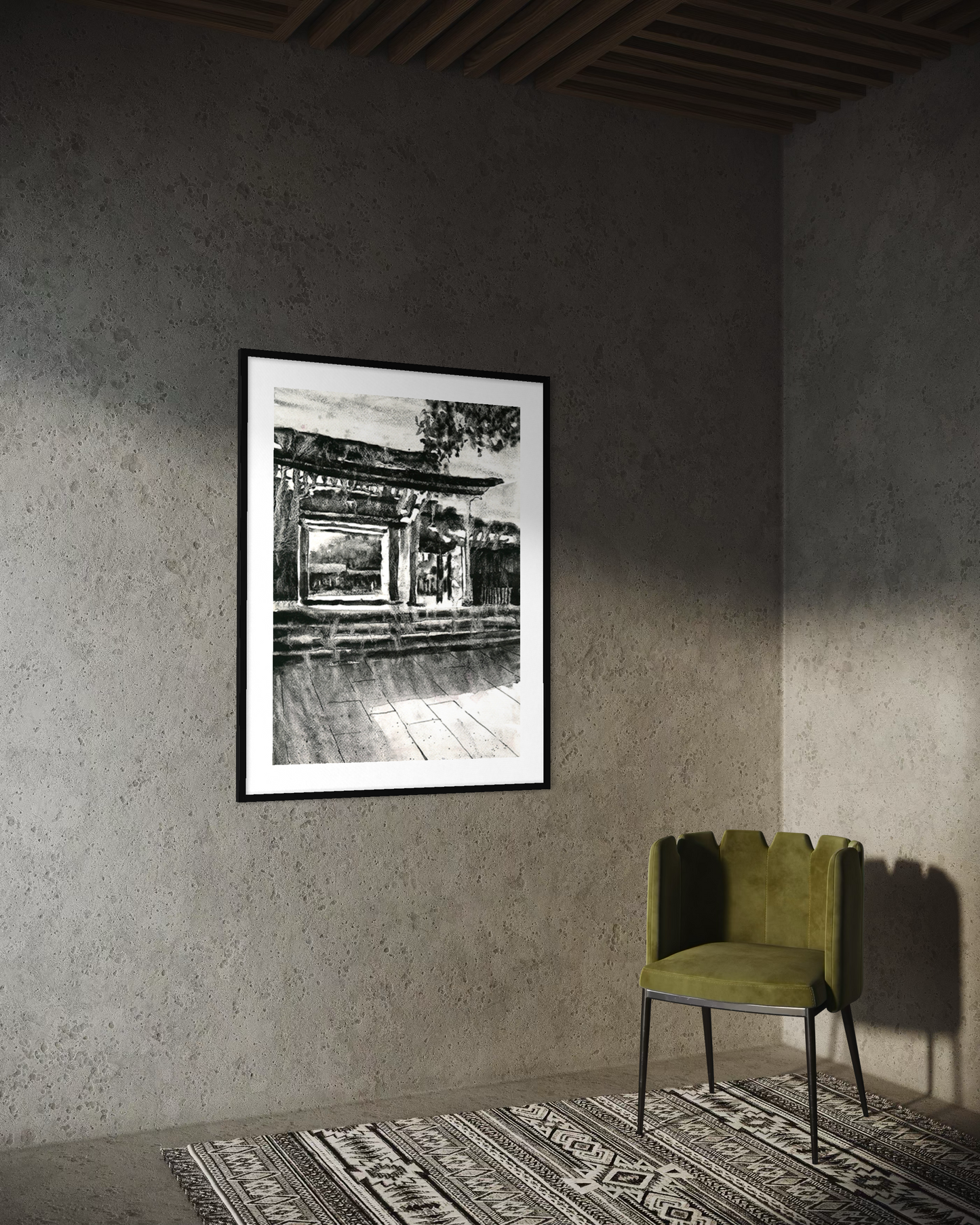 Meiji Jingu shinto temple Tokyo Japan monochromatic watercolor painting handmade item Japanese architecture travel home decor wall artwork (original)