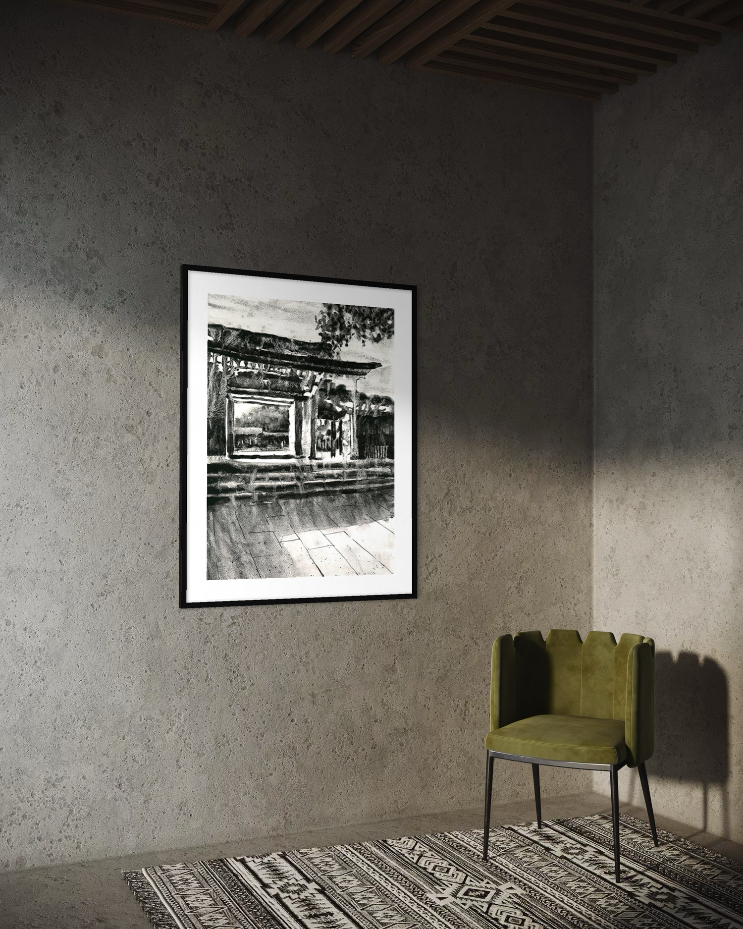 Meiji Jingu shinto temple Tokyo Japan monochromatic watercolor painting handmade item Japanese architecture travel home decor wall artwork (original)