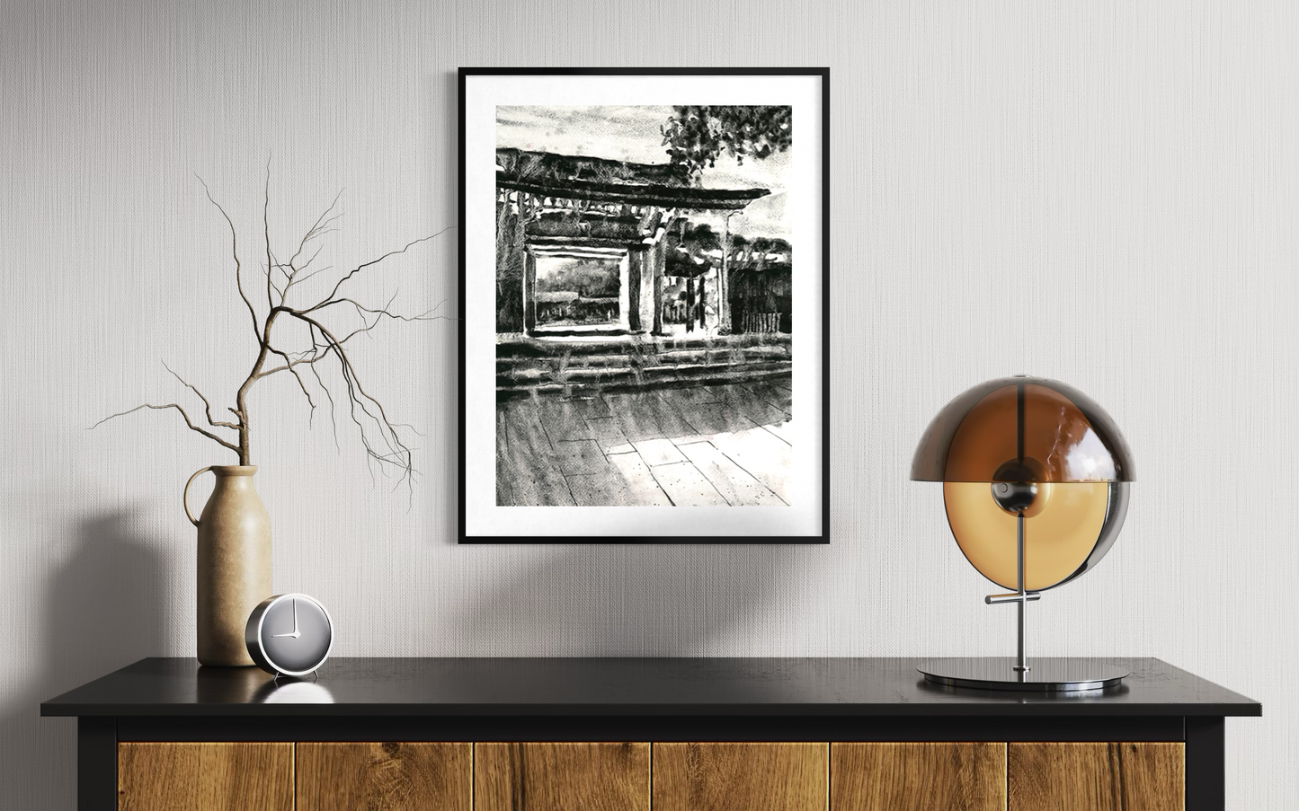 Meiji Jingu shinto temple Tokyo Japan monochromatic watercolor painting handmade item Japanese architecture travel home decor wall artwork (original)