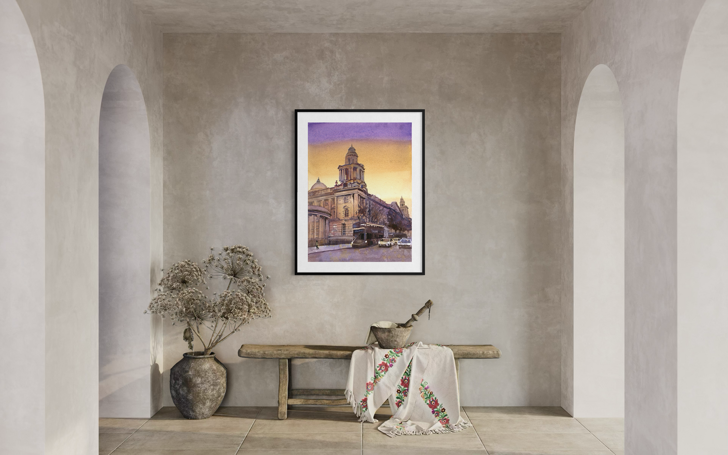 Travel inspired watercolor painting of Belfast City Hall and downtown street scene