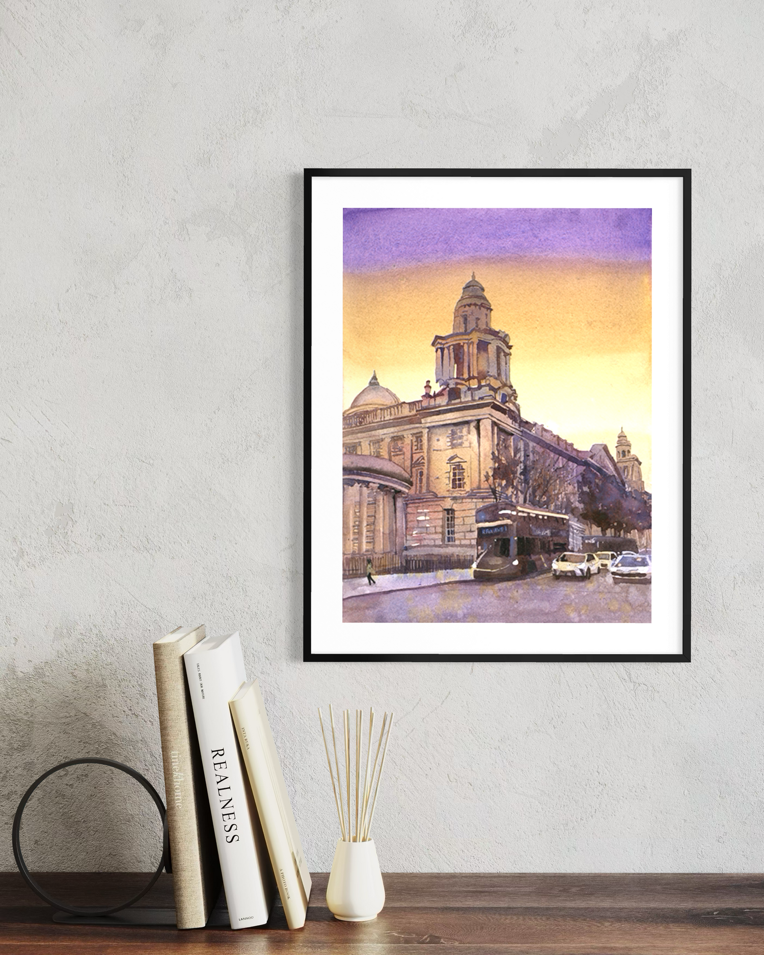 Atmospheric watercolor painting of Belfast City Hall with evening sky and traffic
