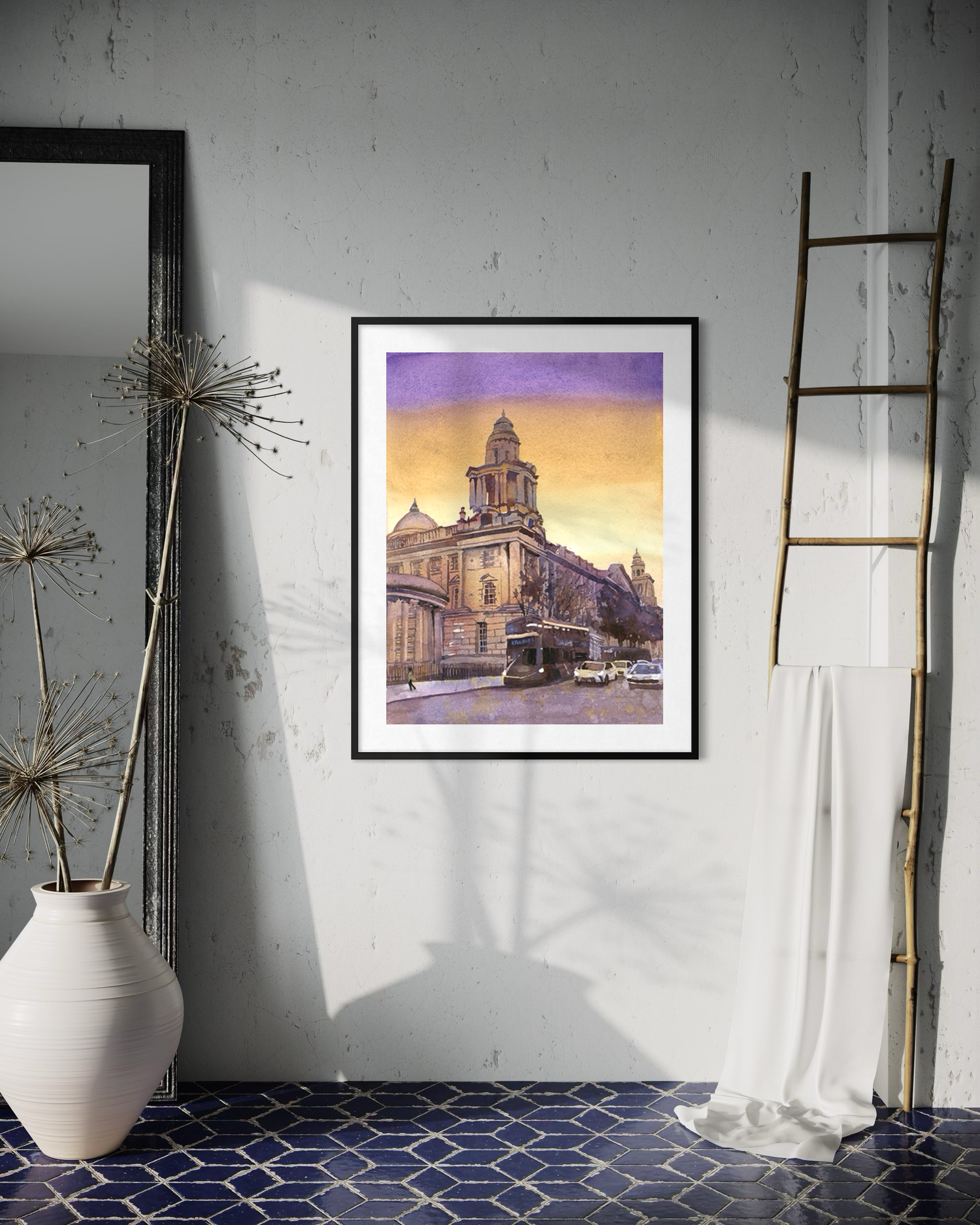 Original watercolor cityscape of Belfast City Hall historic architecture Ireland