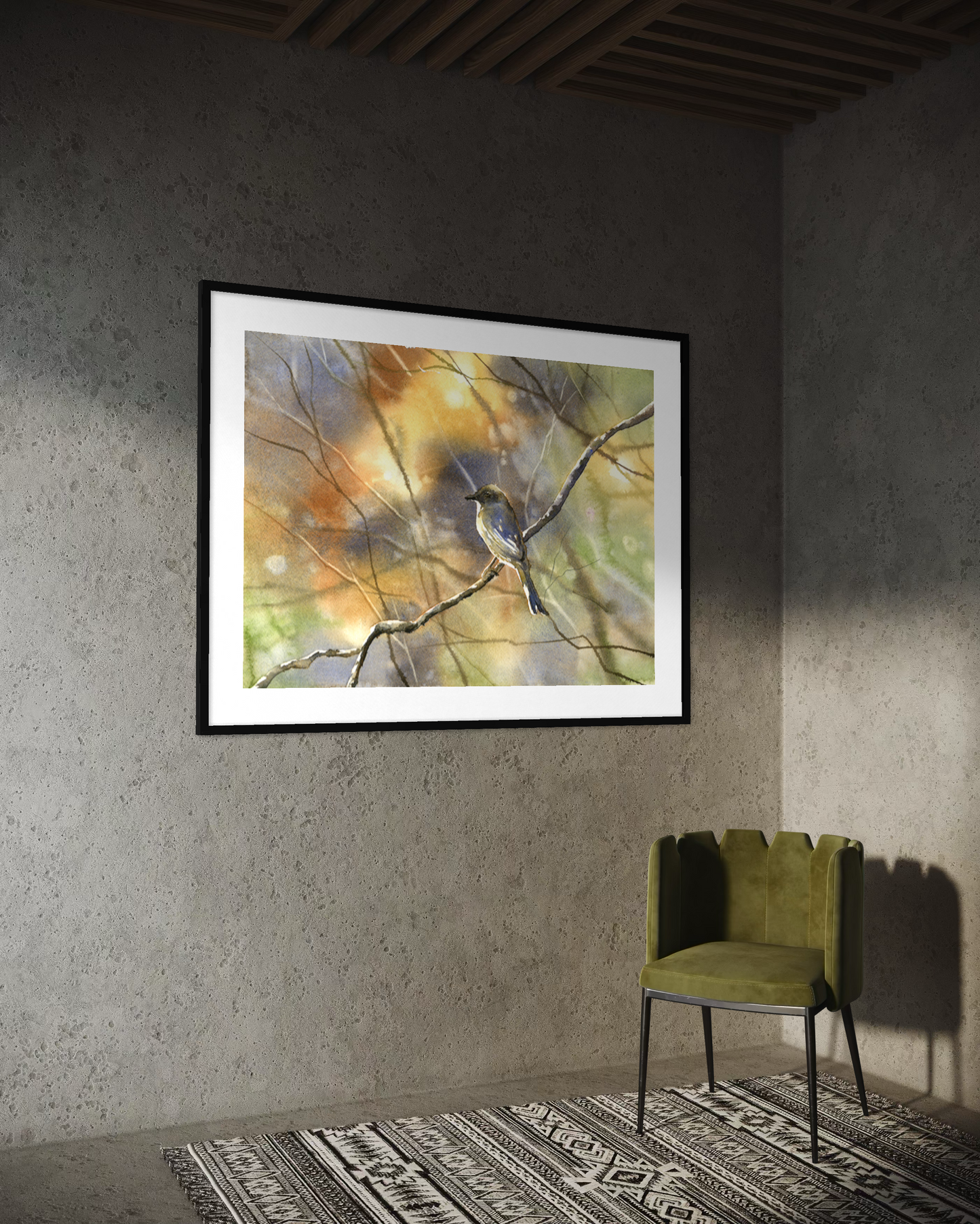 Nature inspired watercolor bird illustration woodland wildlife wall art