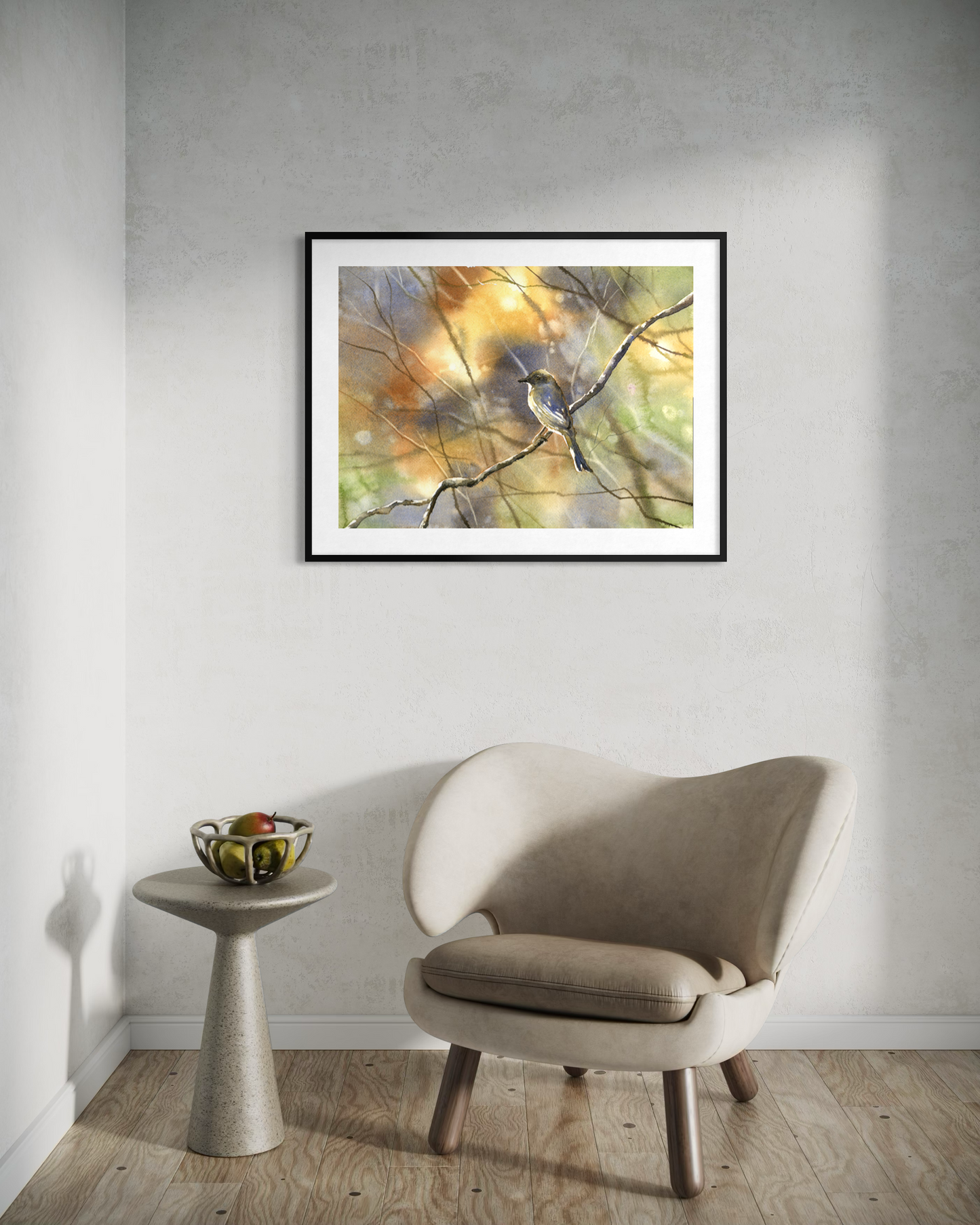 Expressive watercolor bird perched in tree with colorful abstract forest background