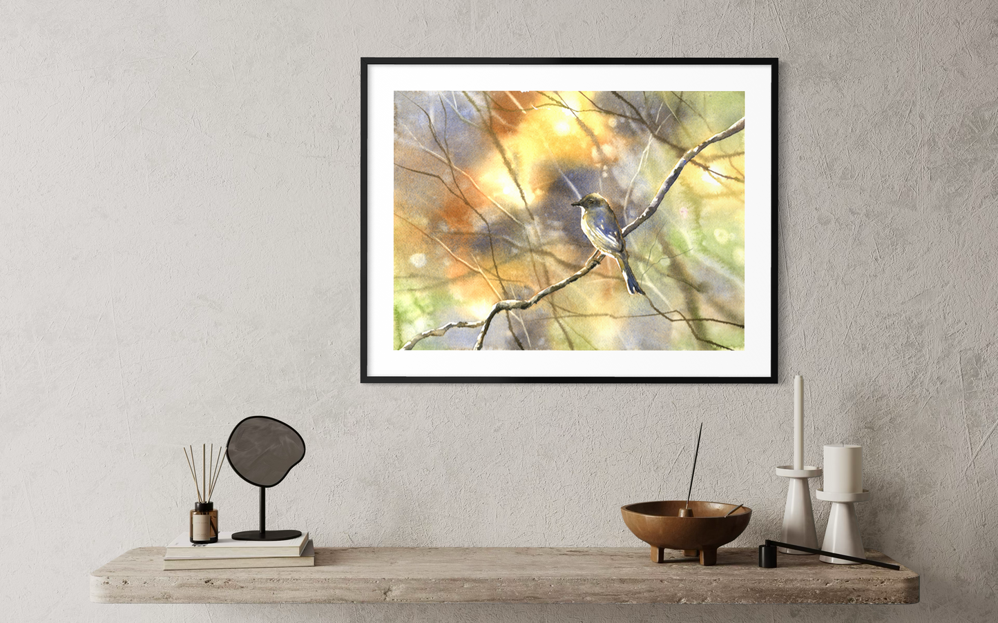 Hand painted watercolor songbird on branch nature wildlife artwork