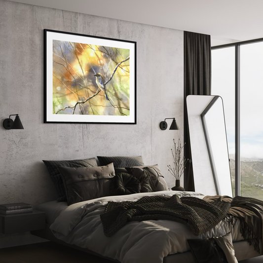 Original watercolor bird artwork with soft glowing forest background