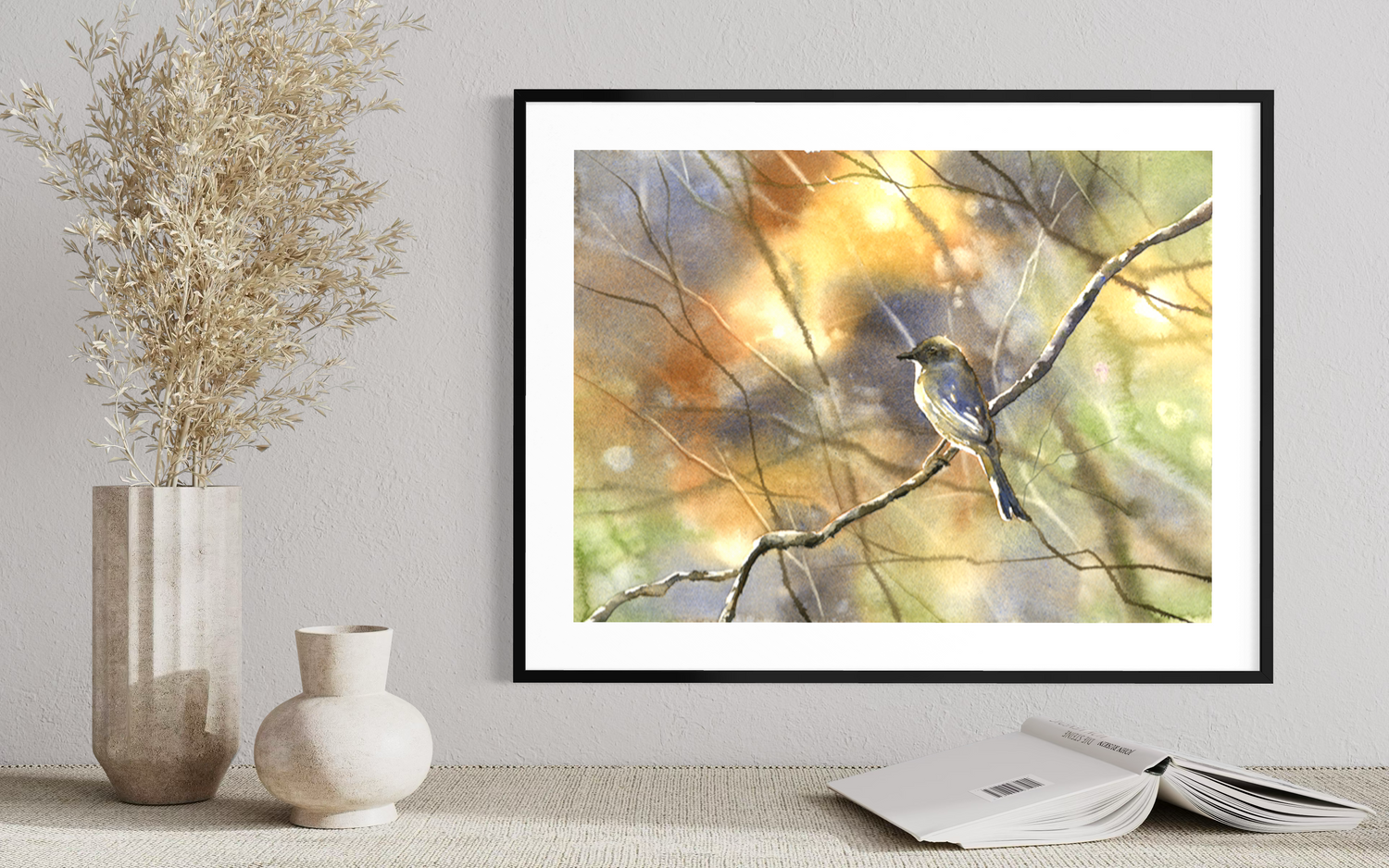Atmospheric watercolor bird painting with sunlight and woodland branches