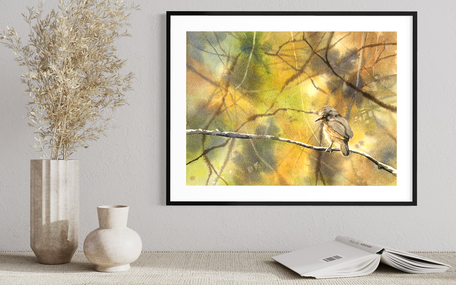 Expressive watercolor bird on tree branch woodland wildlife painting