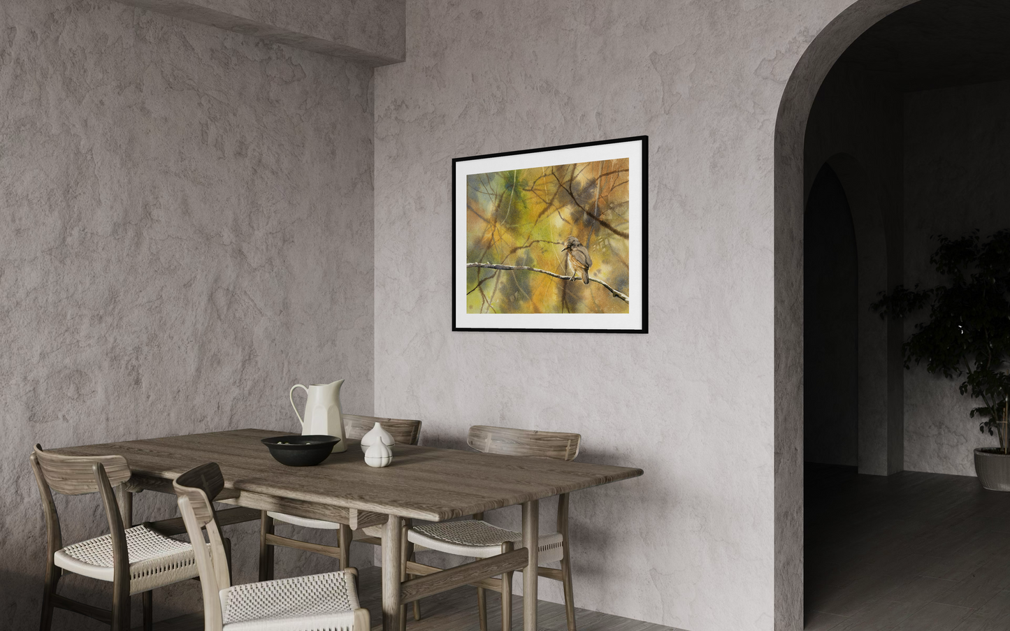 Soft colorful watercolor bird illustration limited palette nature art print