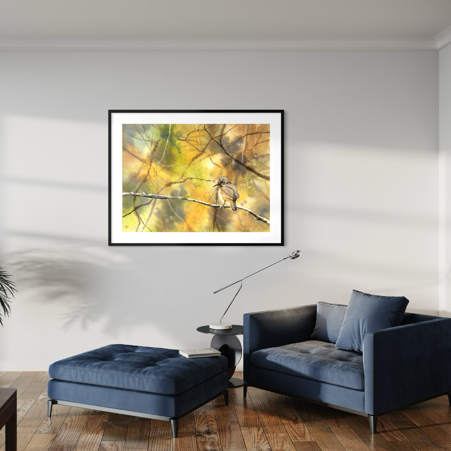 Modern watercolor bird painting peaceful woodland animal artwork for nursery or kids room