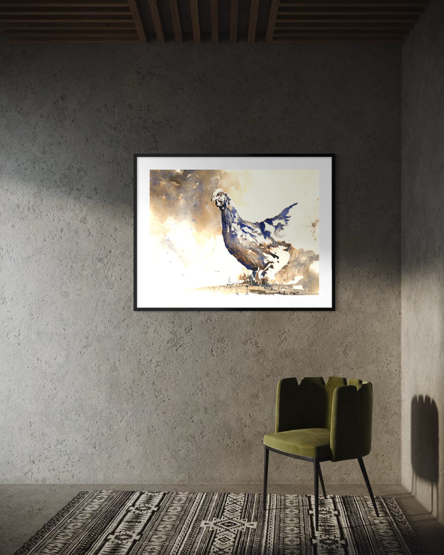 Minimalist watercolor barnyard bird painting rustic farm animal art