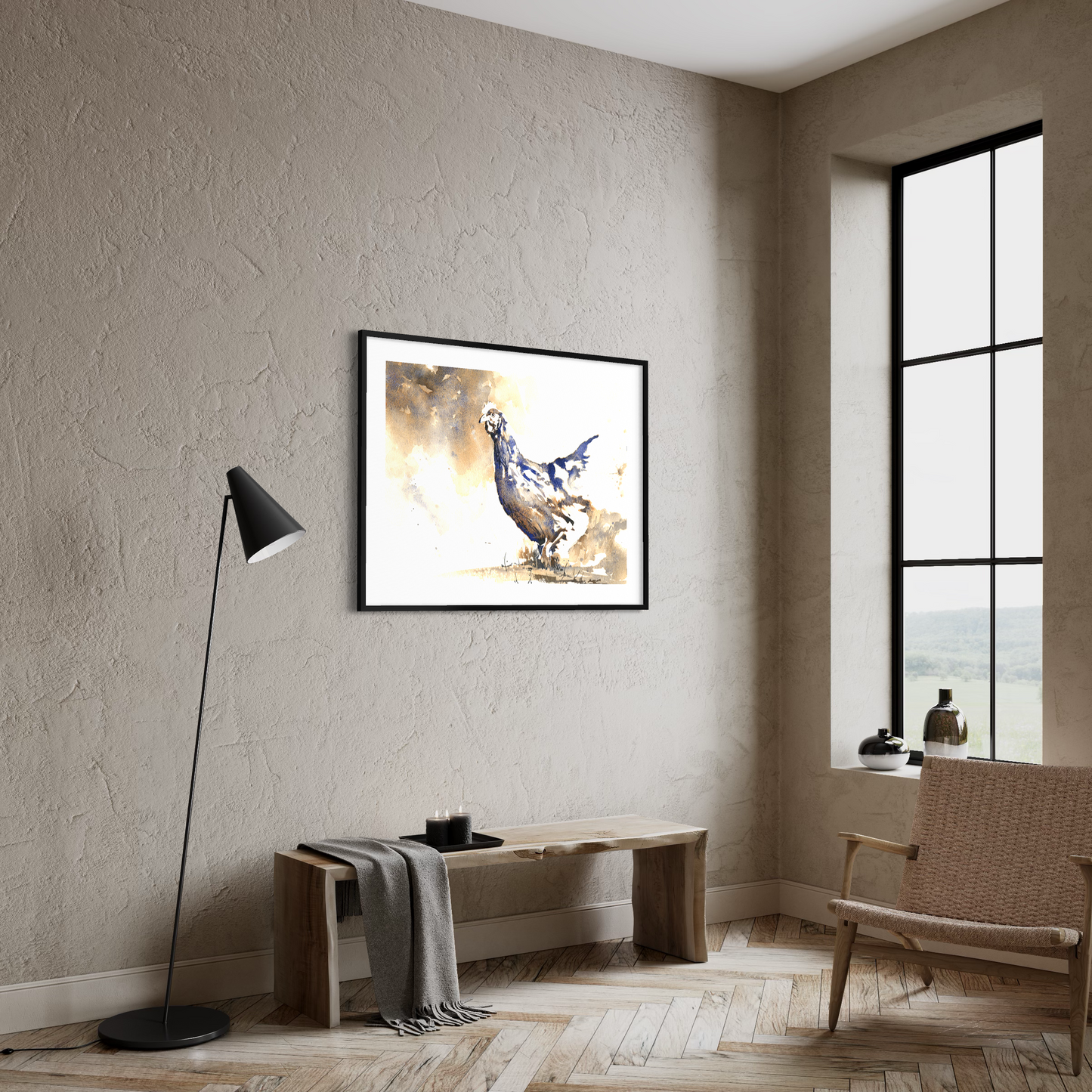 Modern watercolor rooster chicken illustration farm animal decor artwork