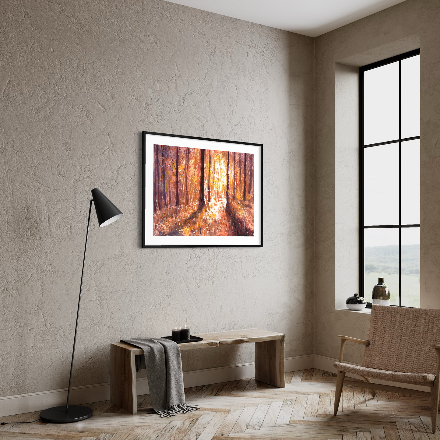 Expressive watercolor painting of autumn forest with glowing sunlight beams