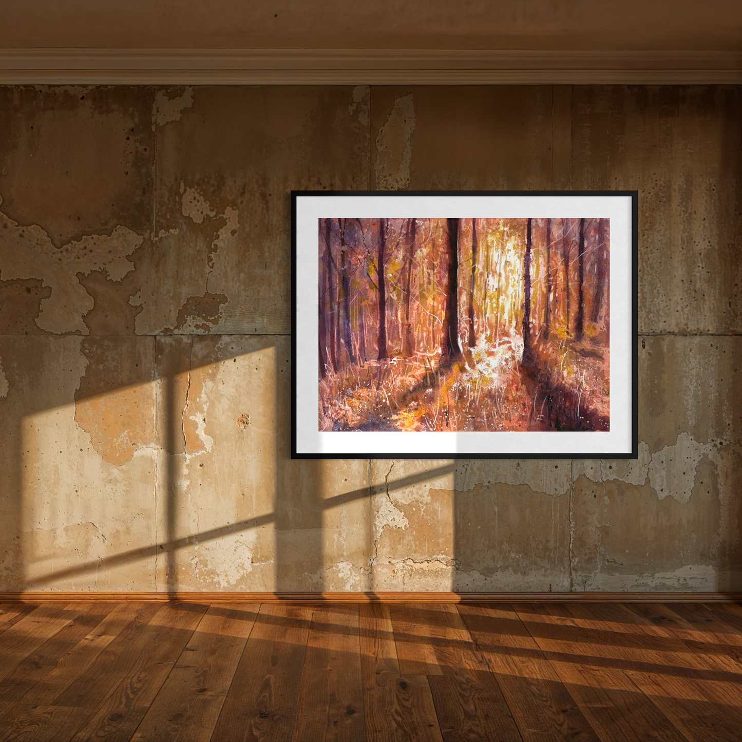 Nature inspired watercolor forest scene with warm sunset light and trees