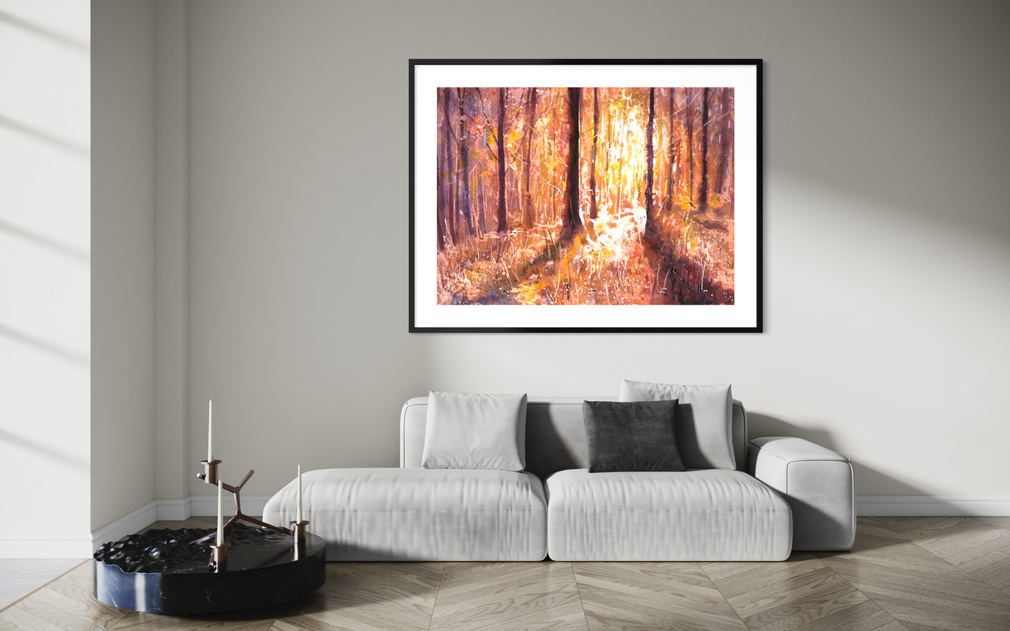 Original watercolor sunset forest landscape artwork with dramatic light rays