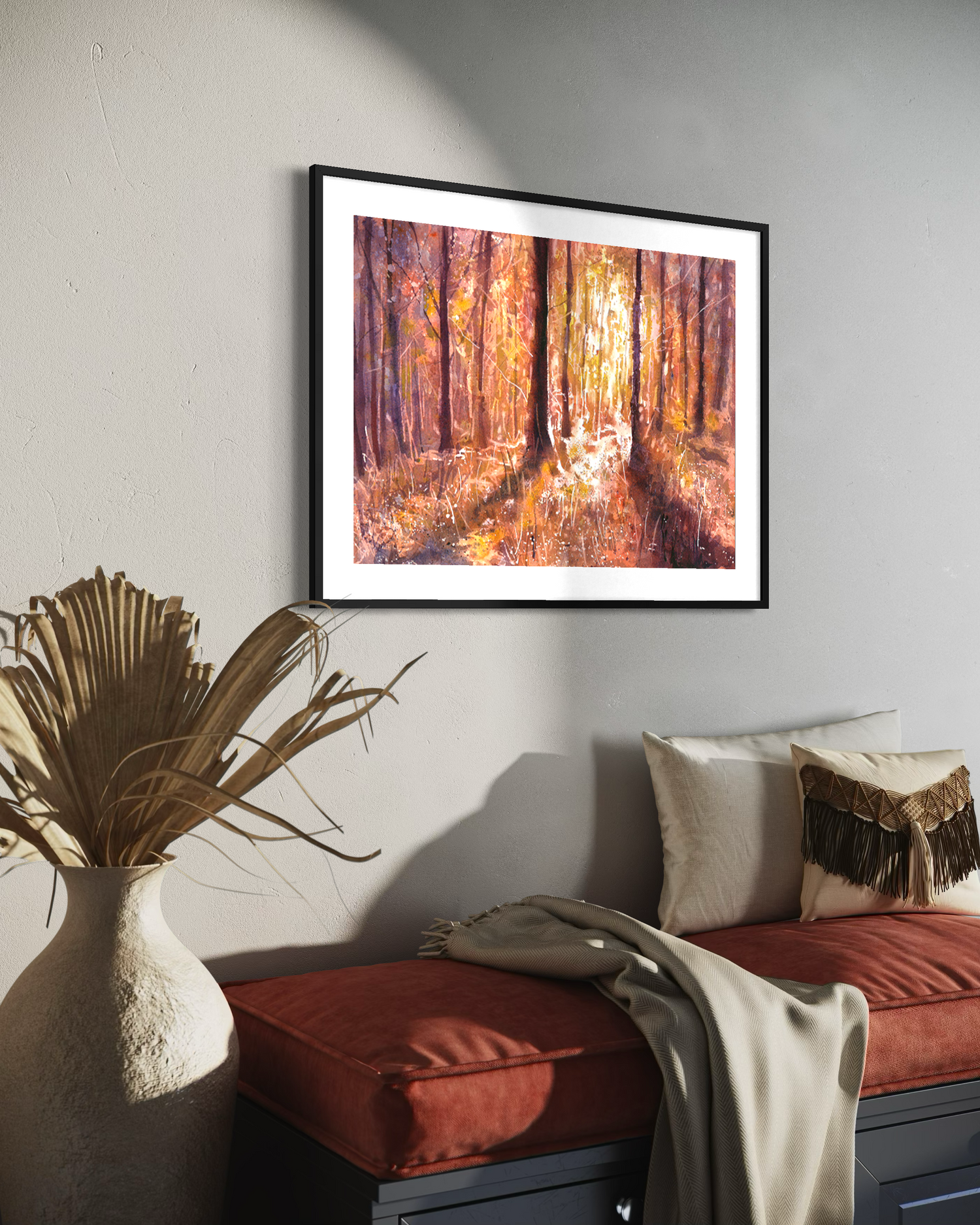 Hand painted watercolor woodland landscape art for home decor