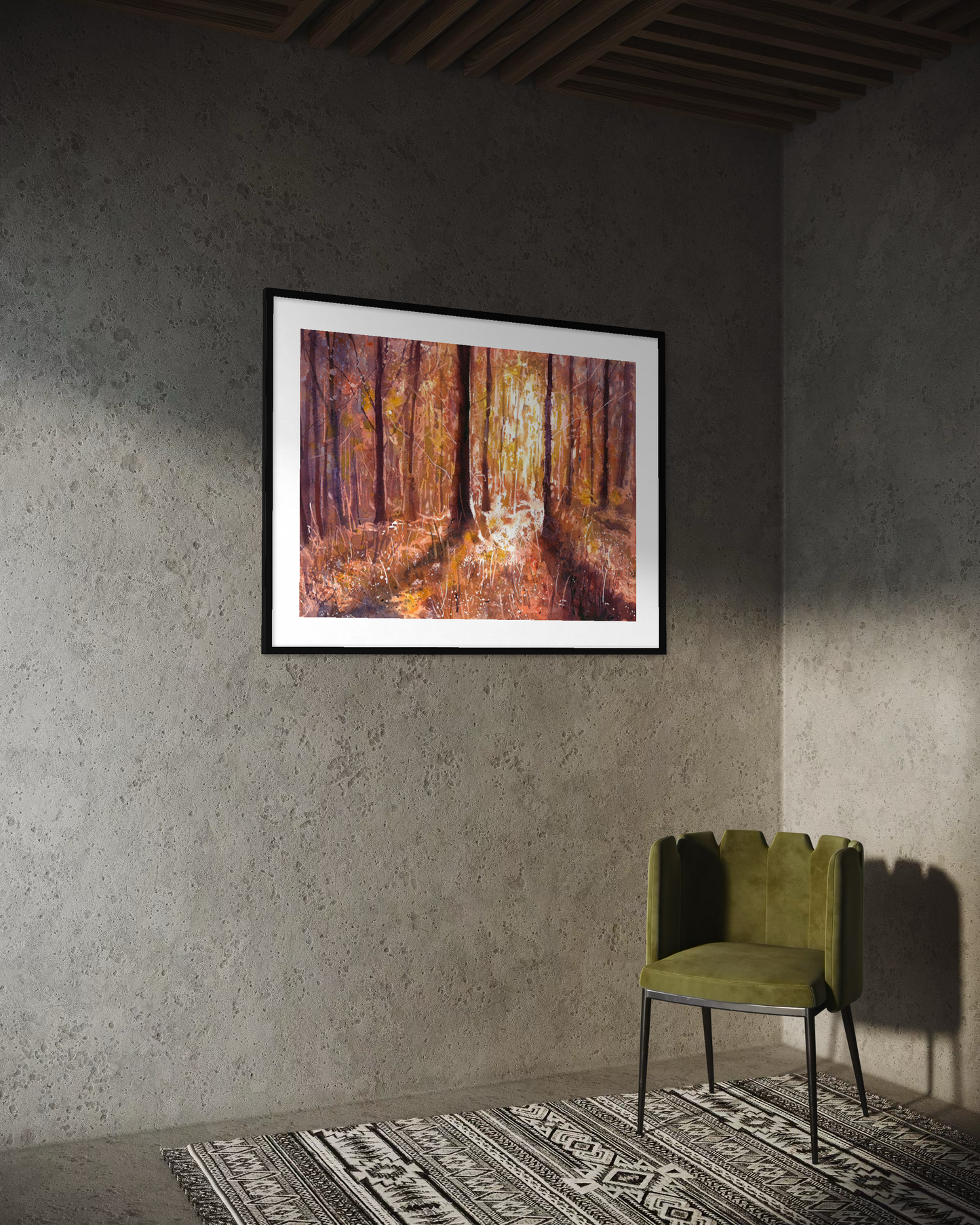 Atmospheric watercolor woodland painting with sunlight streaming through forest