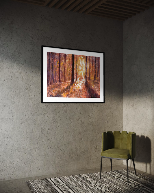 Atmospheric watercolor woodland painting with sunlight streaming through forest