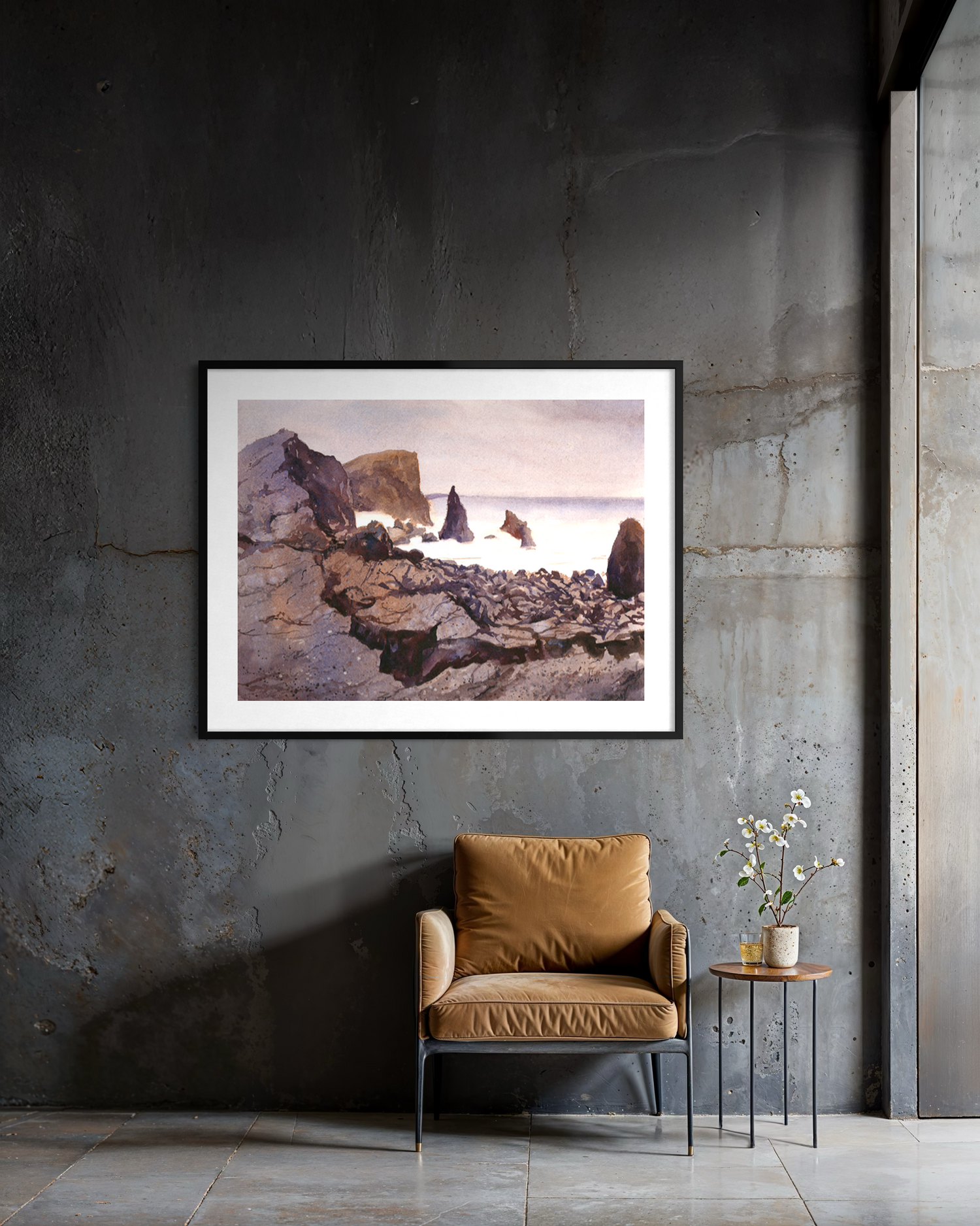 Reykjanestá Peninsula in Iceland. Watercolor painting rocky coastline Iceland purple watercolor (original)