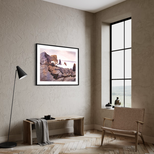 Original watercolor landscape of Iceland volcanic coast with rugged rocks and ocean light