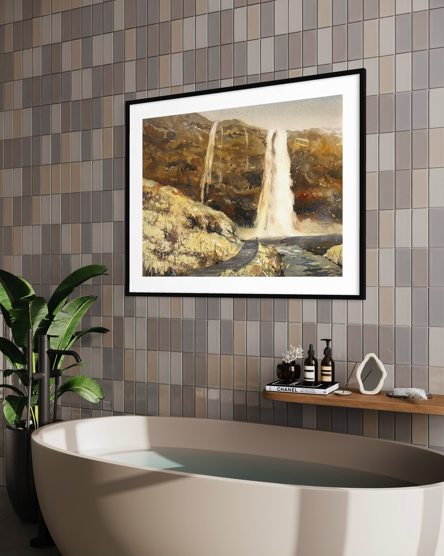 Expressive watercolor painting of Seljalandsfoss waterfall in Iceland landscape