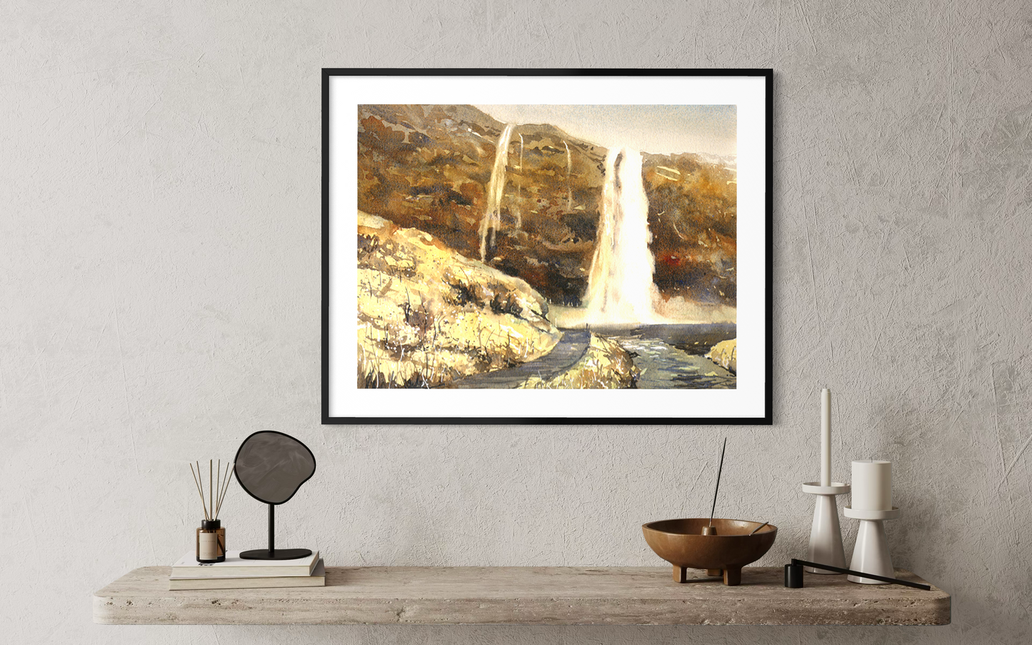 Travel inspired watercolor artwork of Iceland countryside waterfall and stream