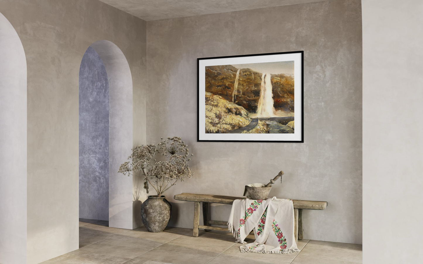 Original watercolor landscape of Iceland waterfall and rocky terrain scenic view