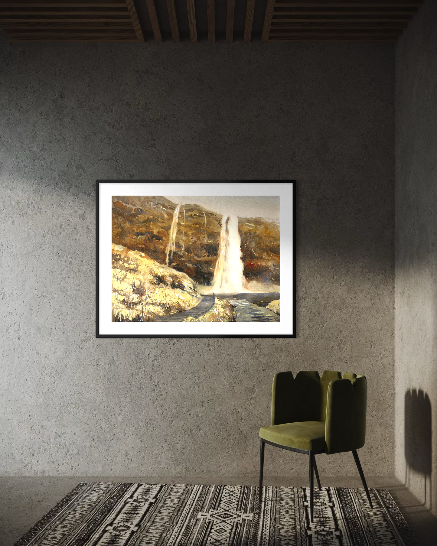 Atmospheric watercolor painting of Icelandic waterfall with soft natural tones