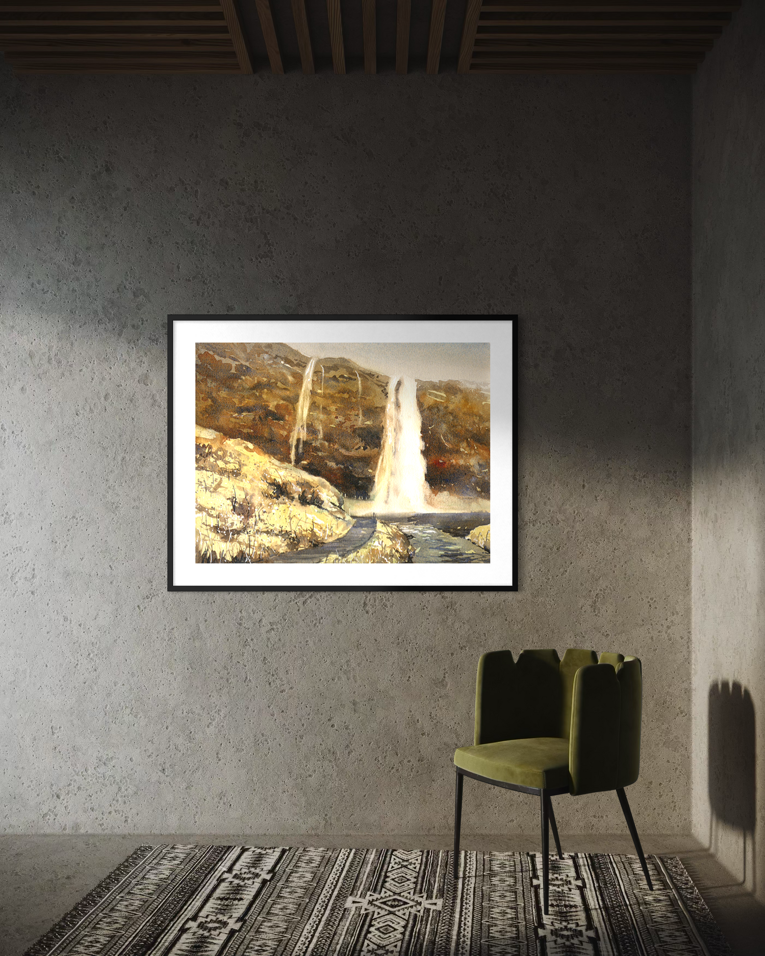 Atmospheric watercolor painting of Icelandic waterfall with soft natural tones