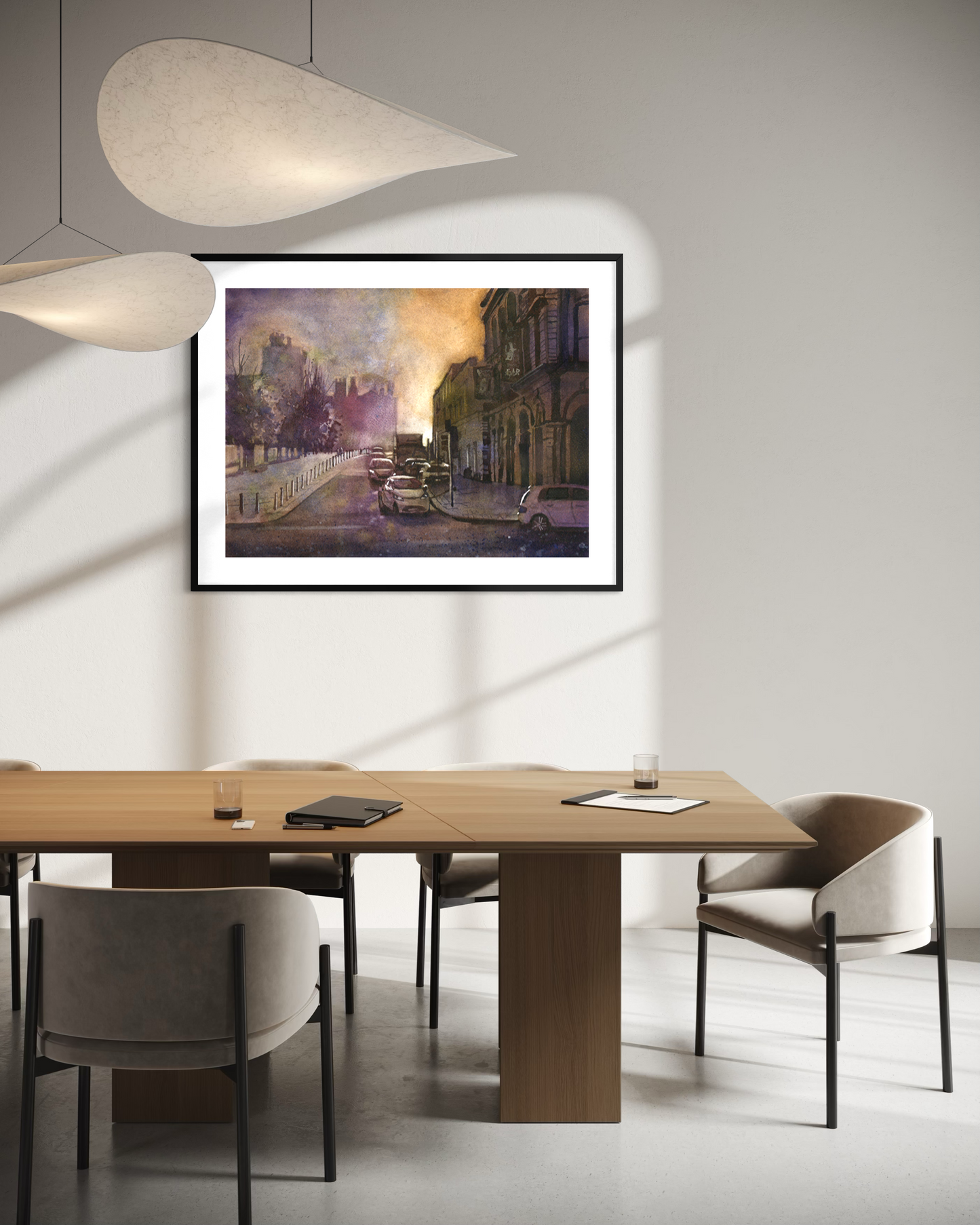 Travel inspired watercolor artwork of Kilkenny Ireland historic architecture and cars