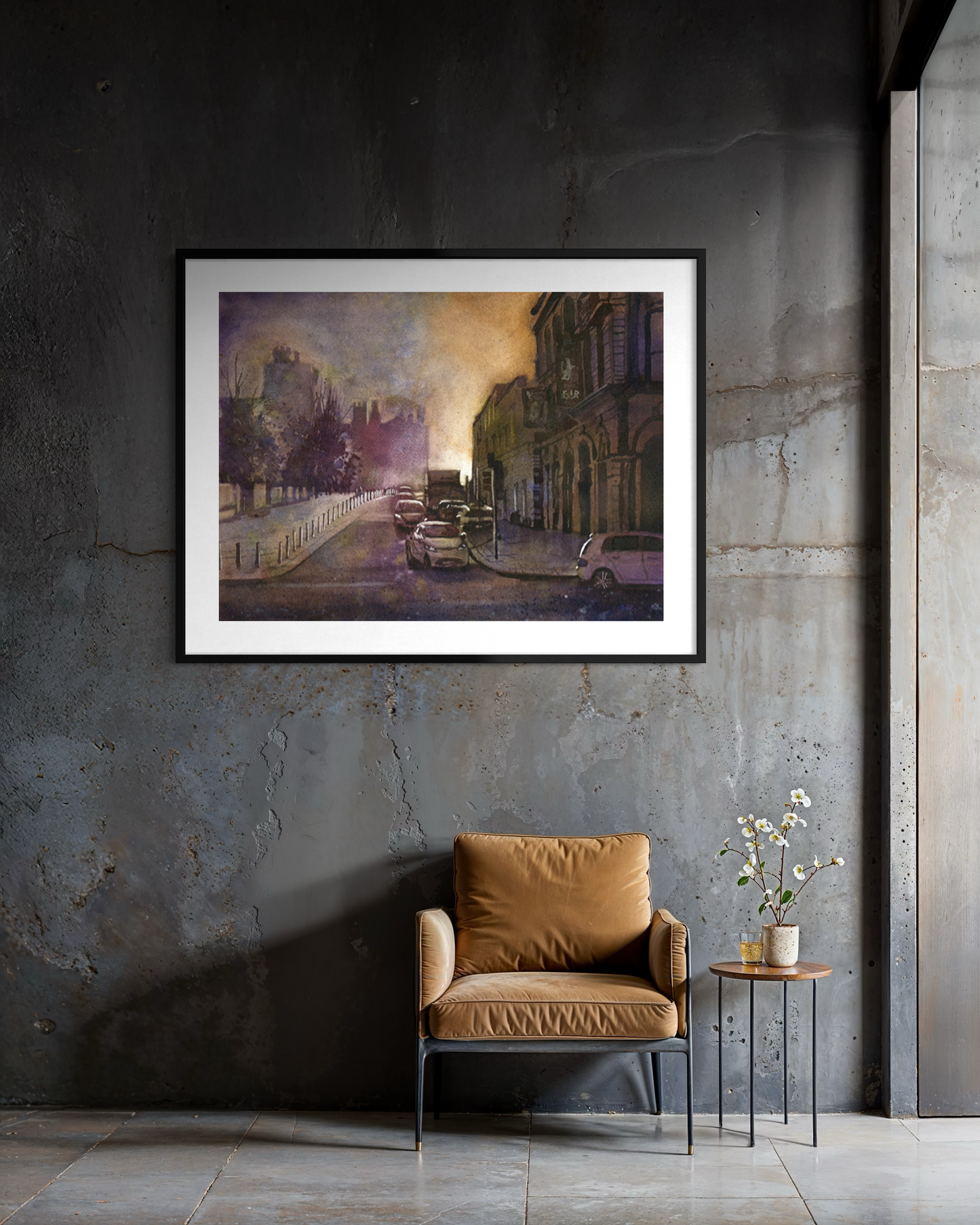 Atmospheric watercolor painting of Kilkenny Castle and Irish city street scene