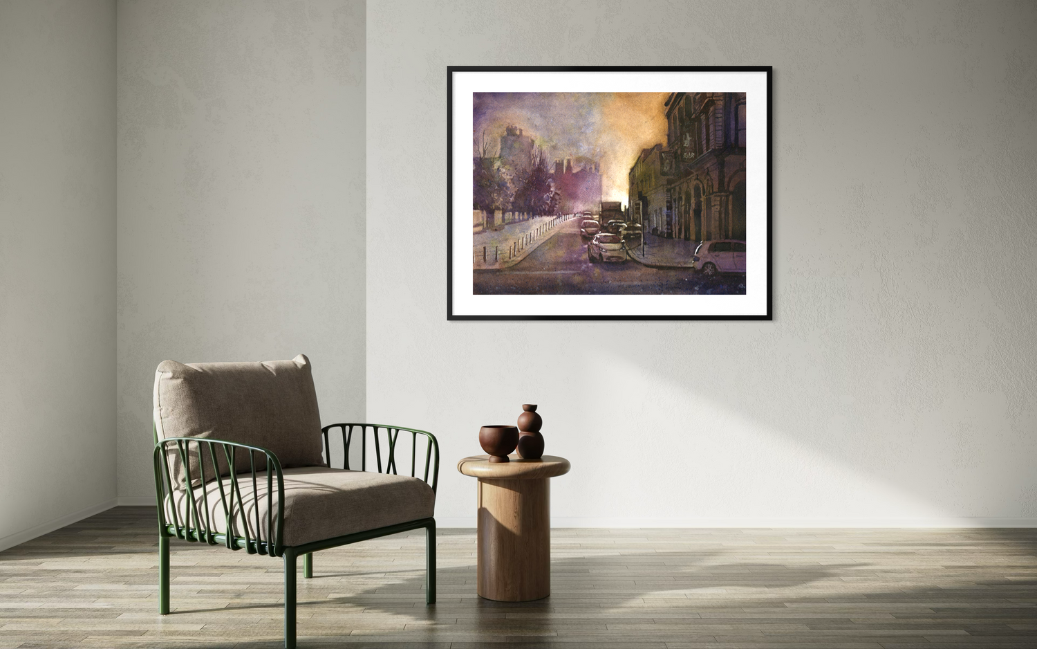 Original watercolor cityscape of Kilkenny Ireland with castle and evening light