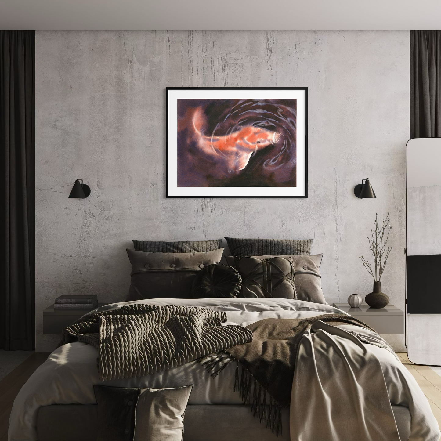 Colorful Koi swimming in pond watercolor painting landscape fish artwork wall art handmade item pond artwork (original)