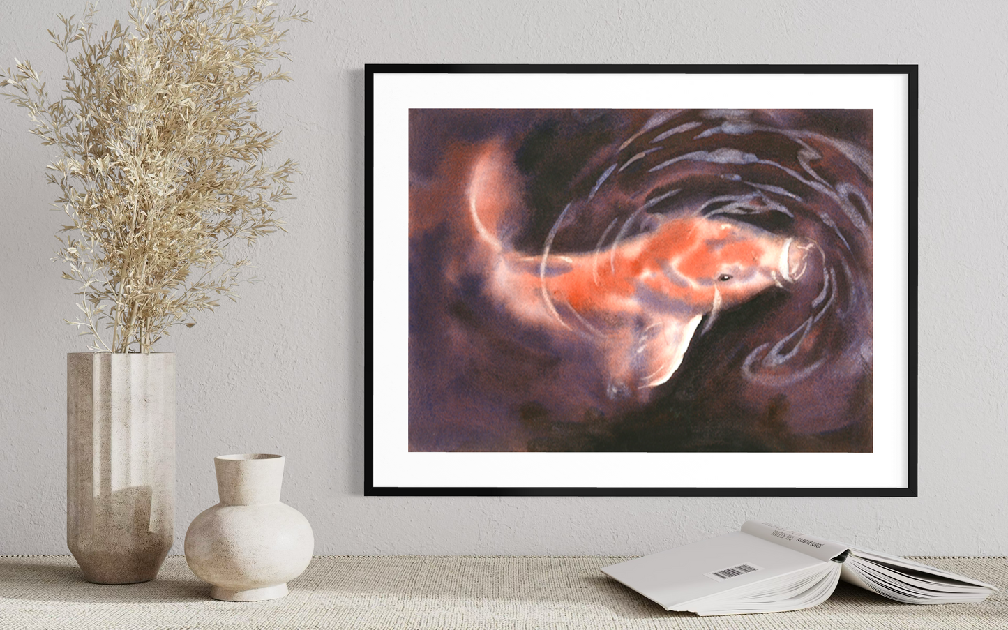 Colorful Koi swimming in pond watercolor painting landscape fish artwork wall art handmade item pond artwork (original)