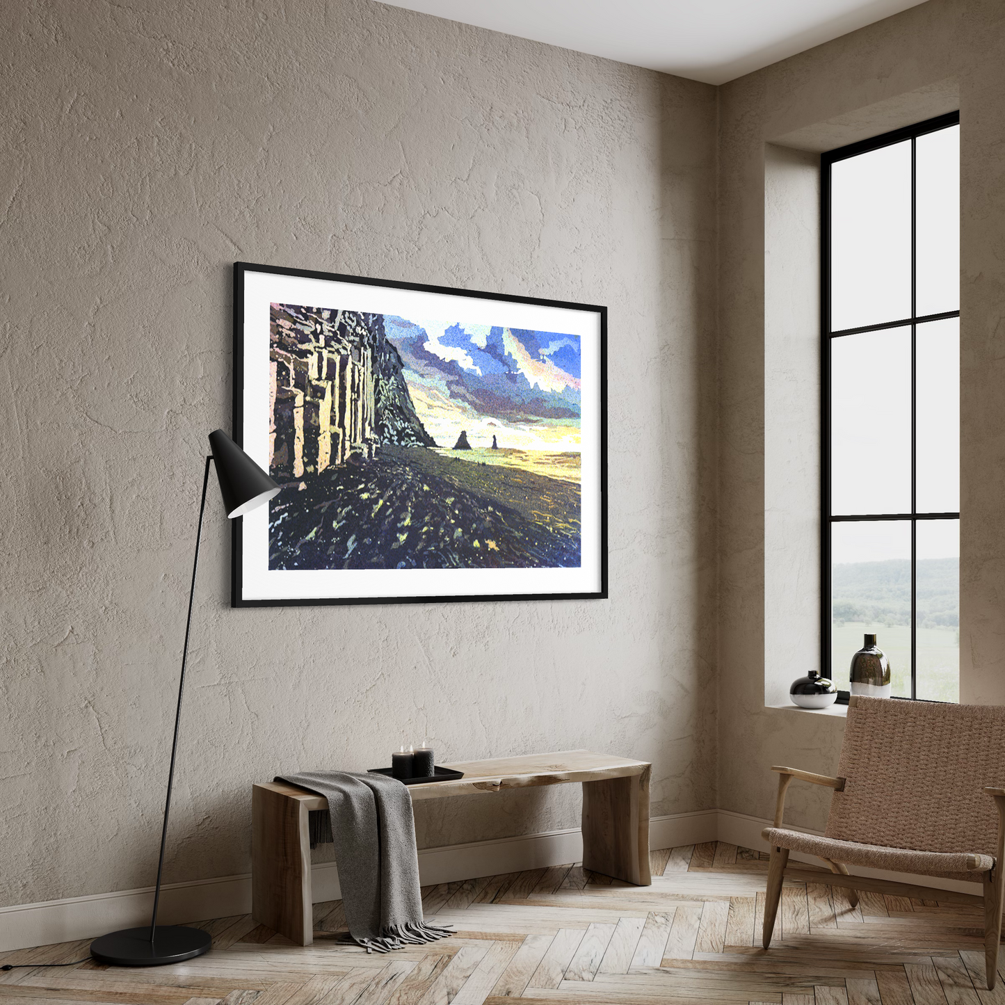 Travel inspired watercolor of Reynisfjara black sand beach at sunset Iceland