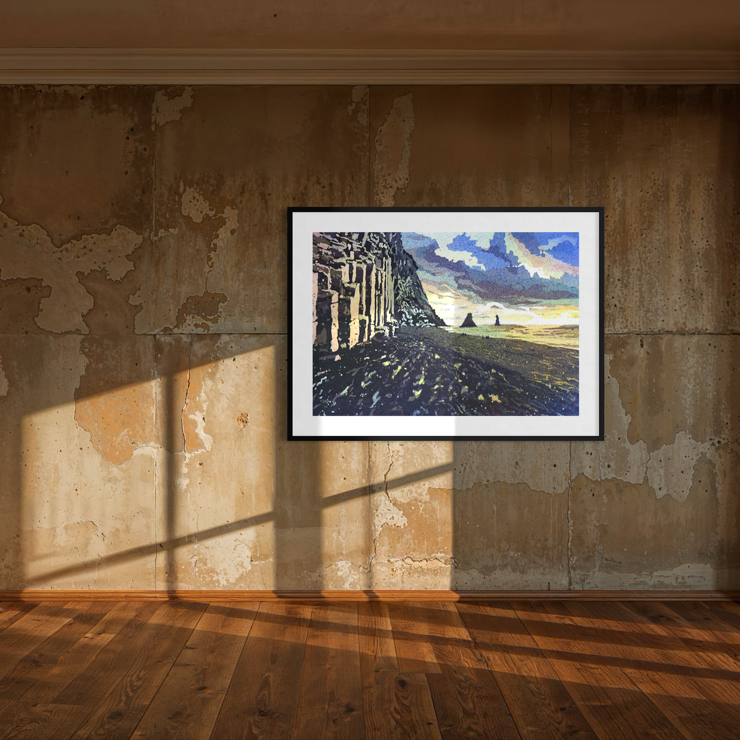 Atmospheric watercolor painting of Iceland coastline with basalt columns and sea stacks