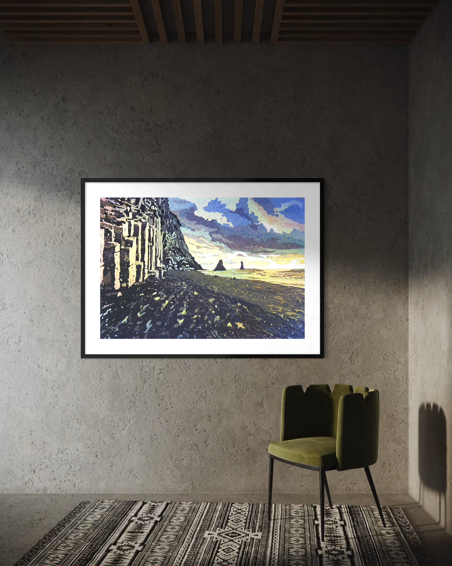 Impressionistic watercolor of Iceland black sand beach with dramatic sky and ocean light