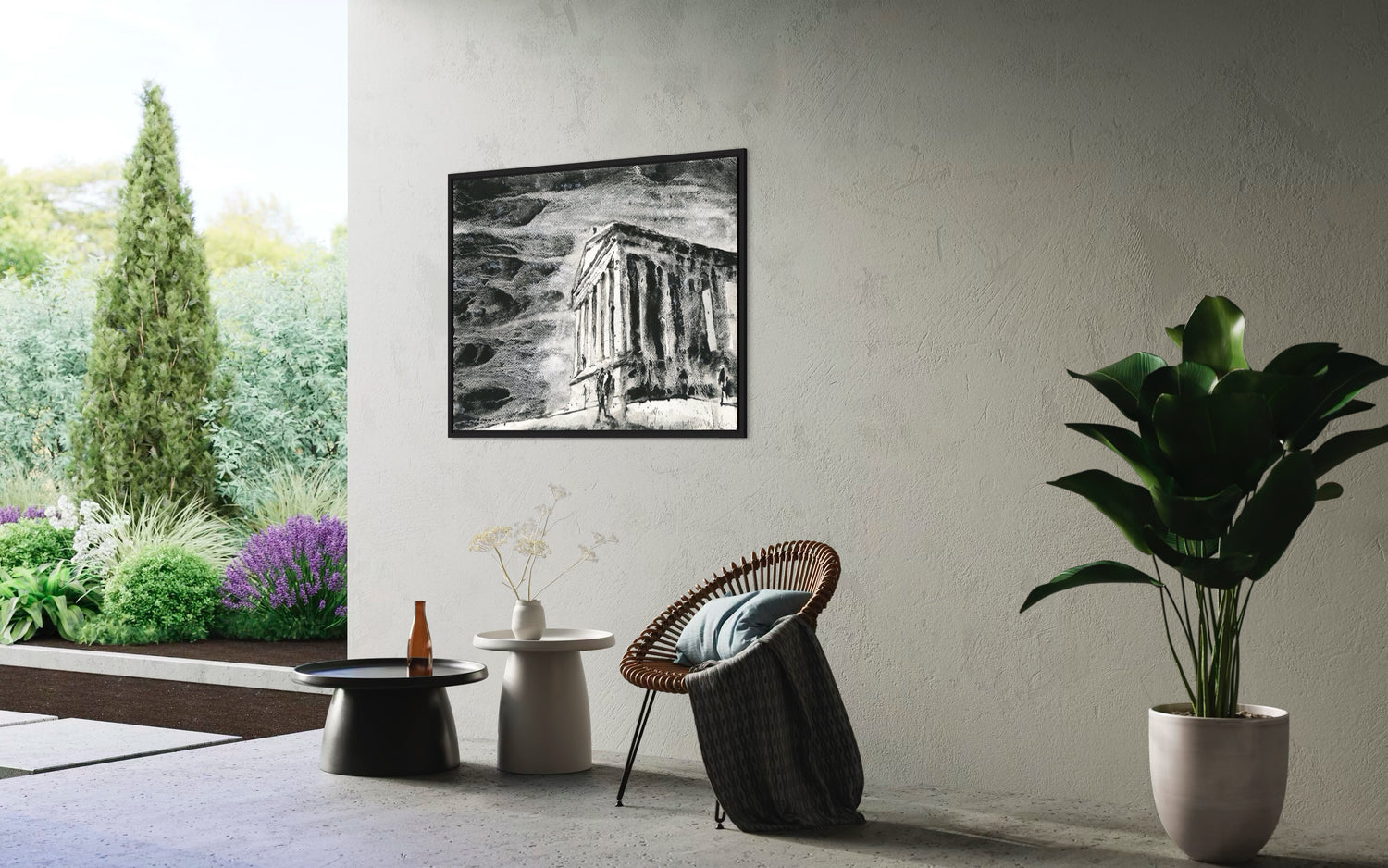 Monochrome watercolor of Garni Pagan Temple in Armenia featuring classical columns and expressive ink wash, historic landmark wall art