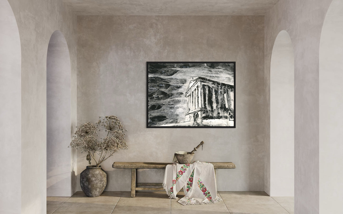 Armenia Garni Temple watercolor painting in black and white with stormy atmosphere, ancient Roman style architecture and visitors