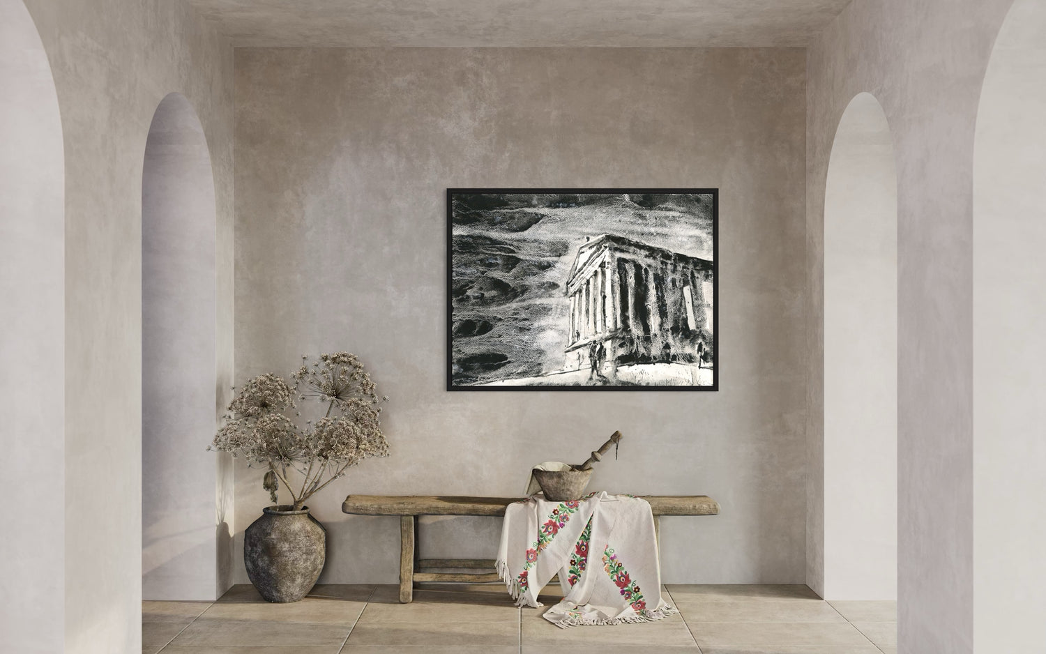 Armenia Garni Temple watercolor painting in black and white with stormy atmosphere, ancient Roman style architecture and visitors