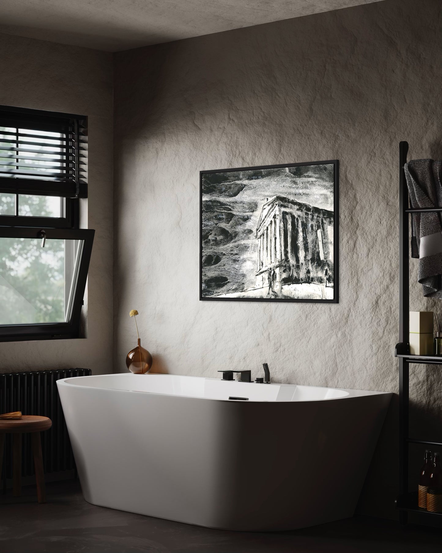 Watercolor ink wash artwork of Garni Roman Temple ruins near Yerevan Armenia with bold contrast and moody textured background