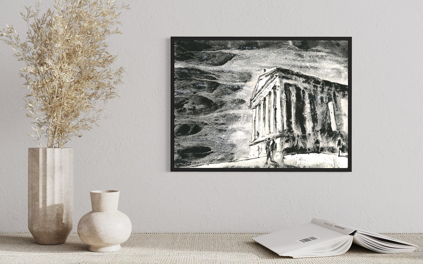 Garni Temple Armenia black and white watercolor cityscape-style painting of ancient columns and silhouettes, minimalist travel art print