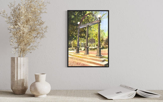 Fine art print of UGA Cast Iron Arch with leafy trees and classic campus background—ideal graduation present or alumni wall decor.