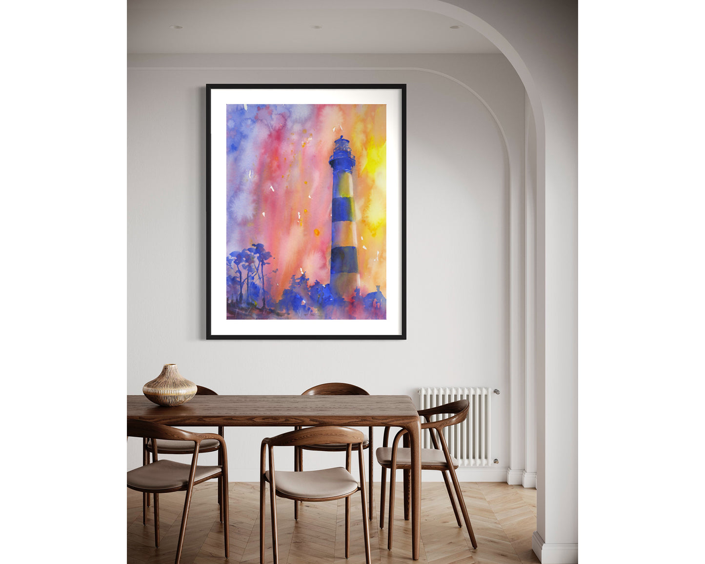 Bodie Island lighthouse at sunset in Outer Banks (OBX) of North Carolina- USA, Lighhtouse watercolor landscape fine art Bodie Island (print)