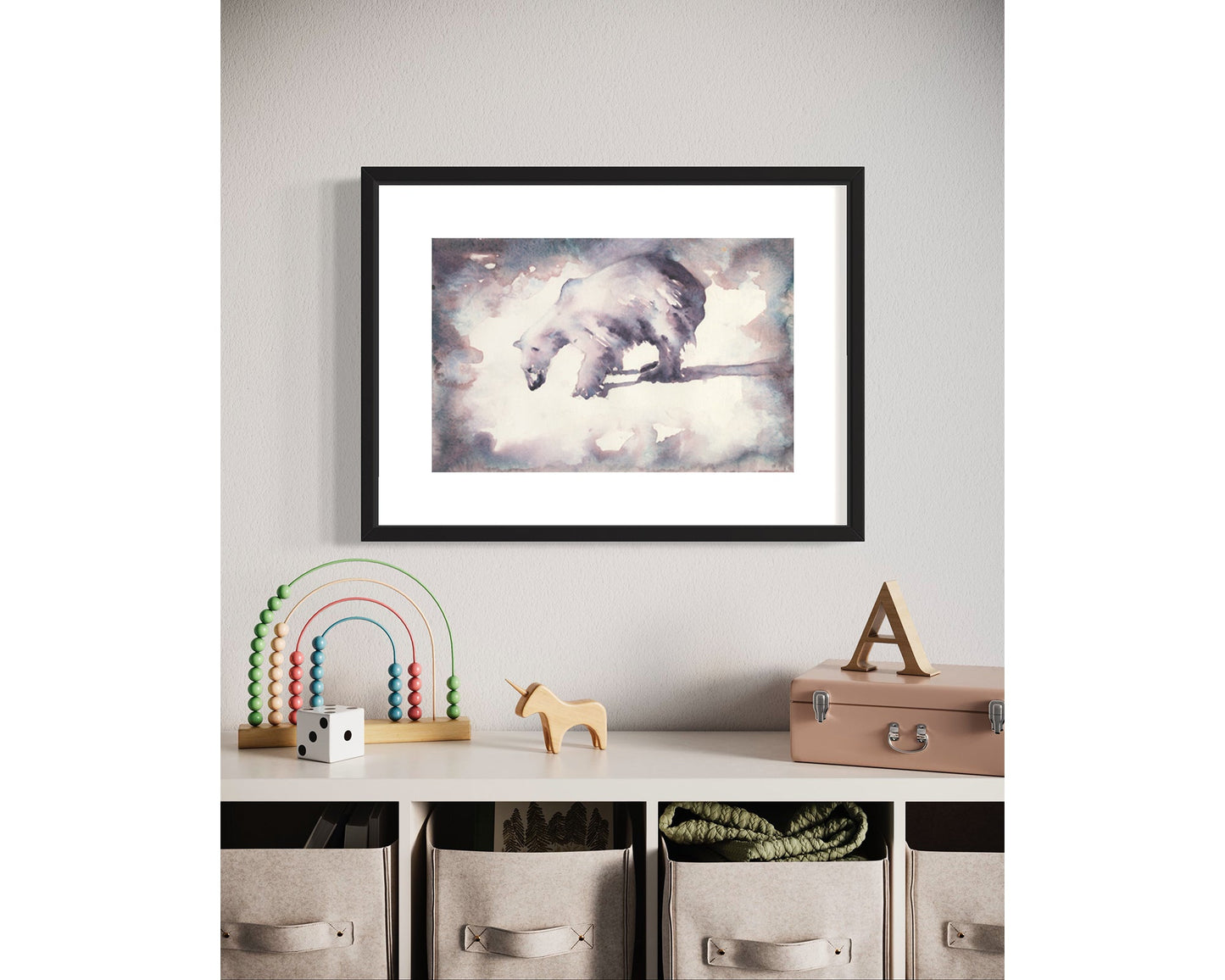 Watercolor painting polar bear colorful home decor, trendy wall art kids room painting artic animal fine art giclee (print)