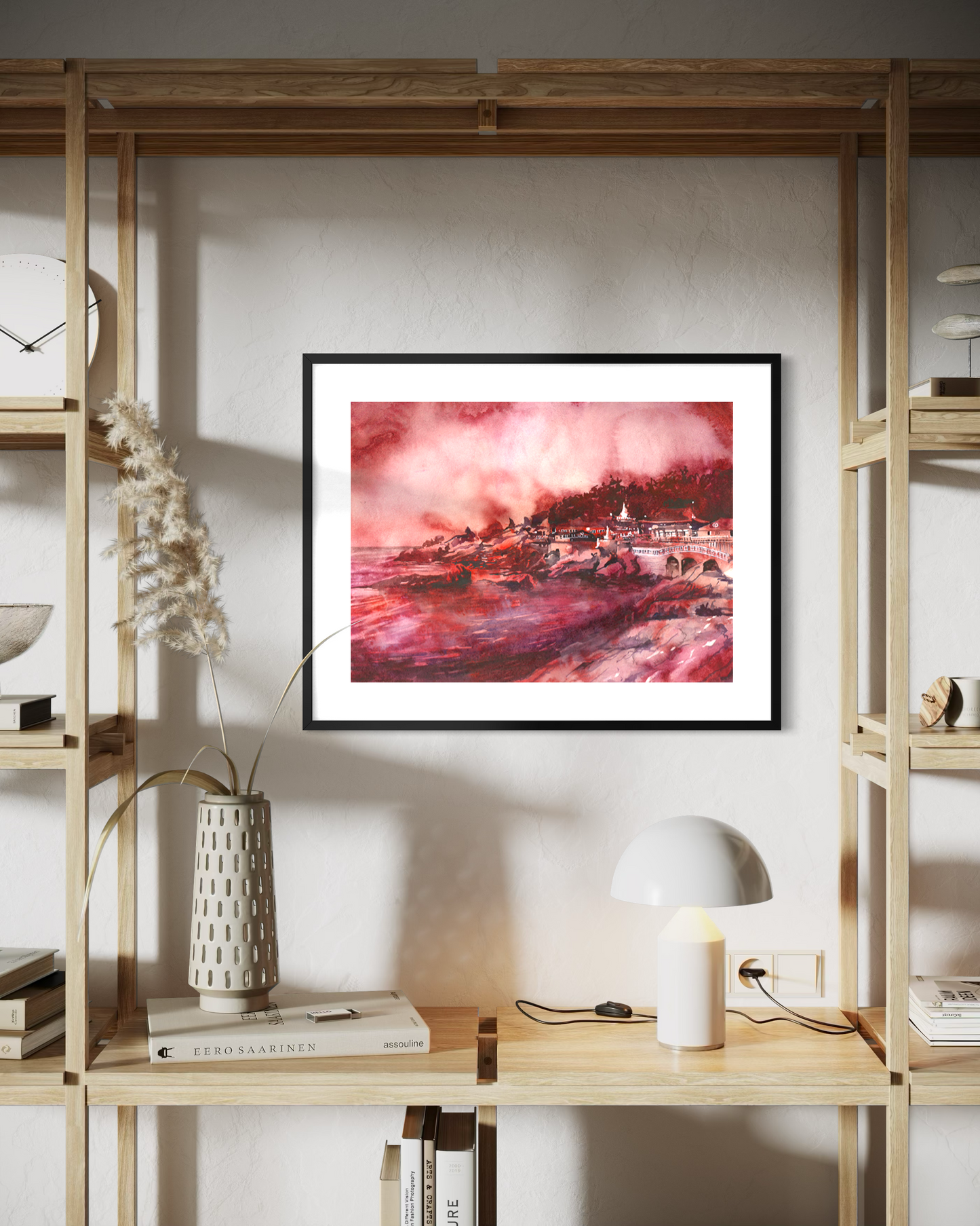 Busan Korea colorful watercolor batik Haedong Yonggung Buddhist Temple Asian decor artwork handmade item Korean landscape religious architecture (original)