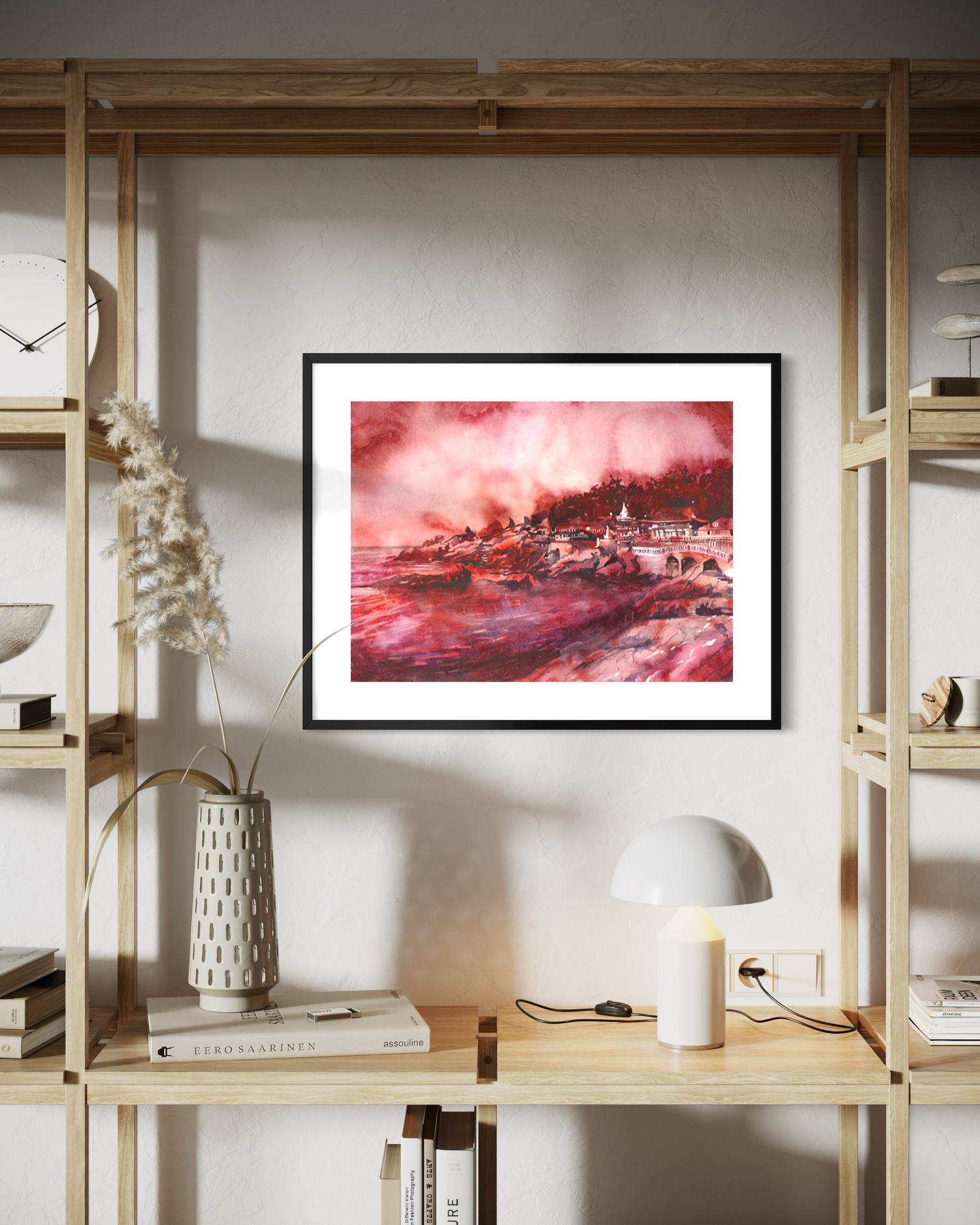 Busan Korea colorful watercolor batik Haedong Yonggung Buddhist Temple Asian decor artwork handmade item Korean landscape religious architecture (original)