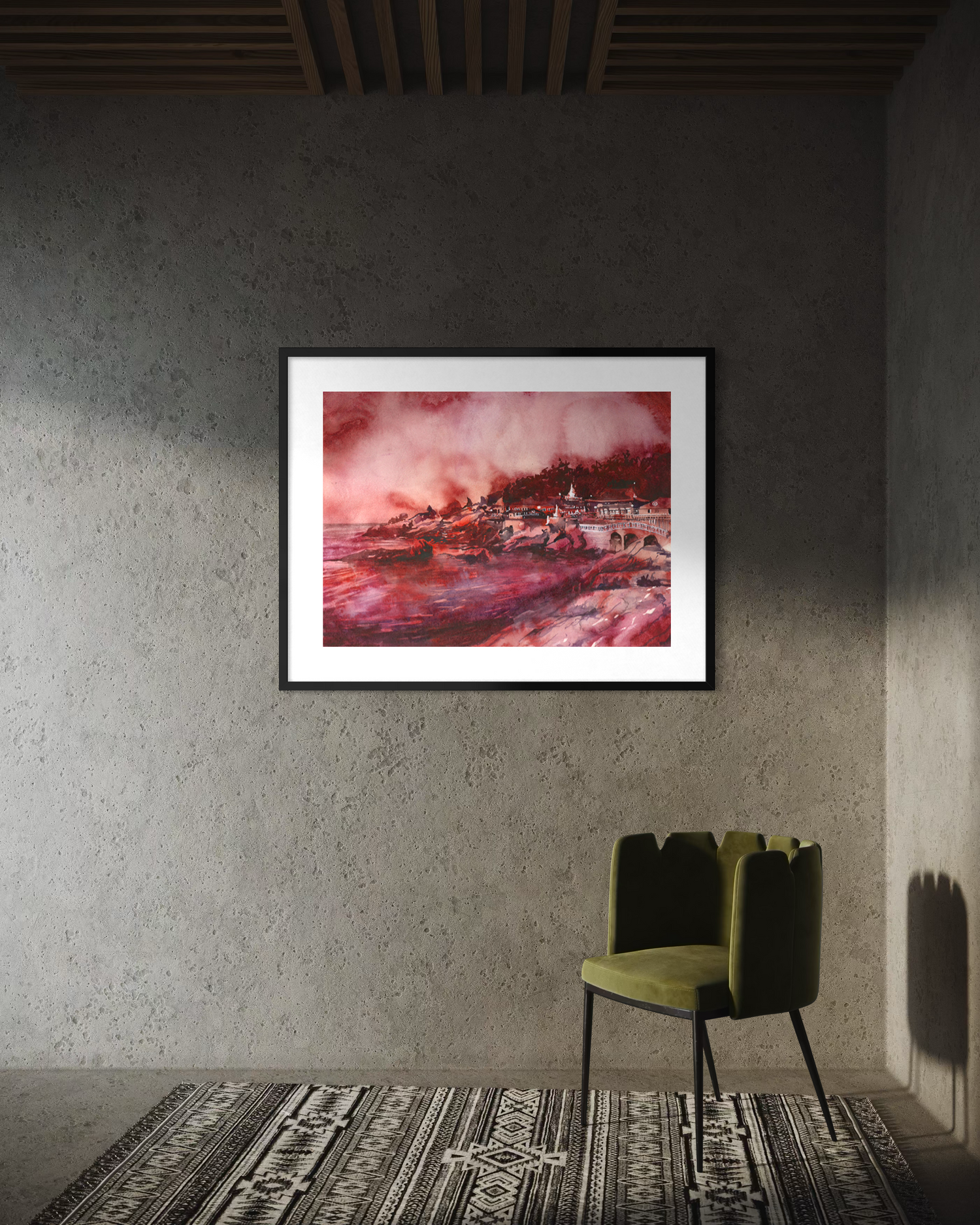 Busan Korea colorful watercolor batik Haedong Yonggung Buddhist Temple Asian decor artwork handmade item Korean landscape religious architecture (original)