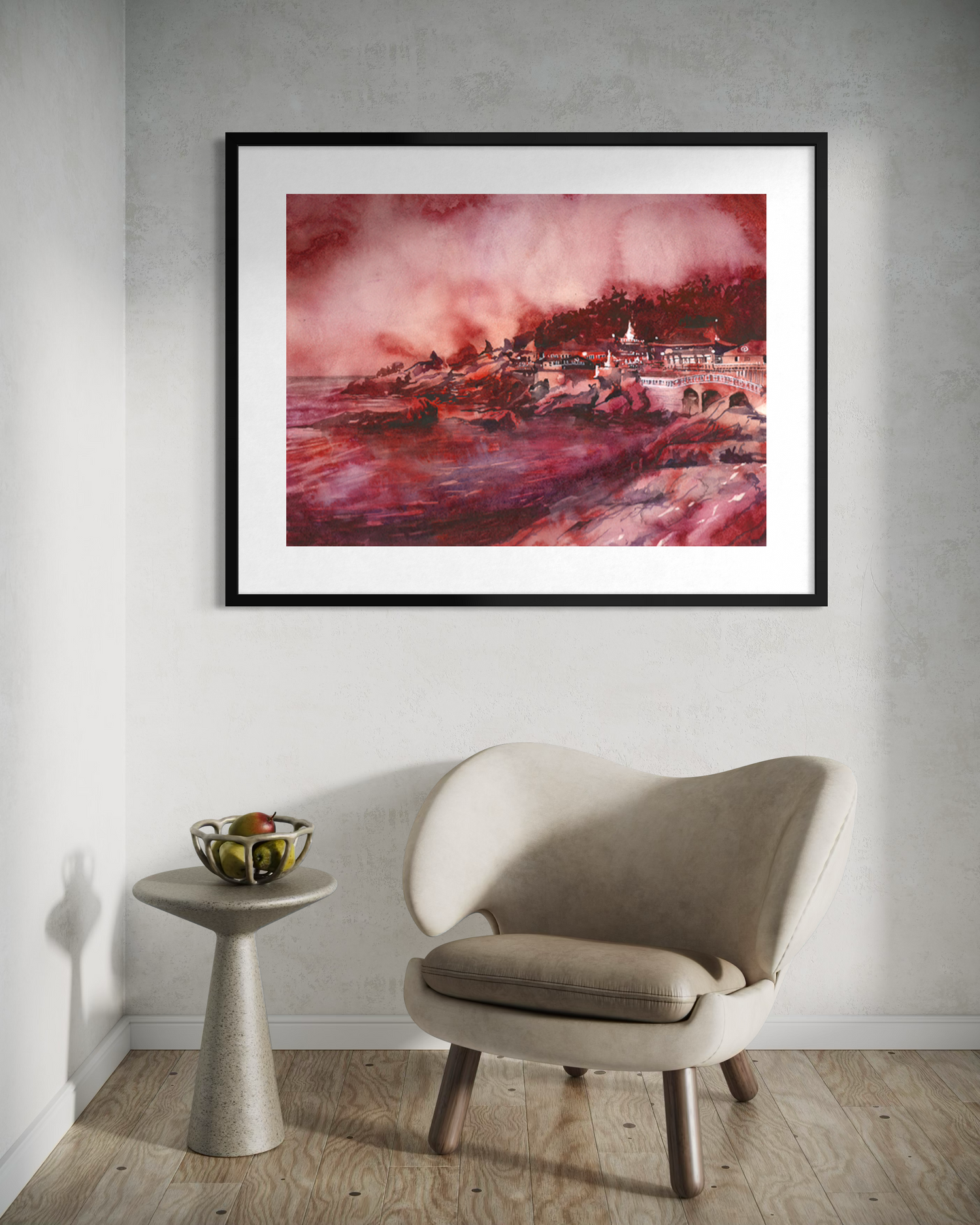 Busan Korea colorful watercolor batik Haedong Yonggung Buddhist Temple Asian decor artwork handmade item Korean landscape religious architecture (original)