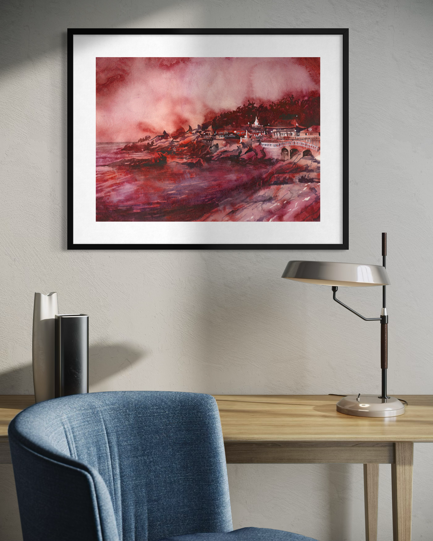 Busan Korea colorful watercolor batik Haedong Yonggung Buddhist Temple Asian decor artwork handmade item Korean landscape religious architecture (original)